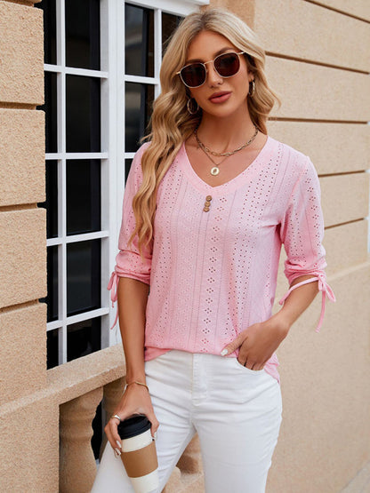 V-Neck Three Quarter Sleeve Button Top Viscose Women's Loose Blouse Pink