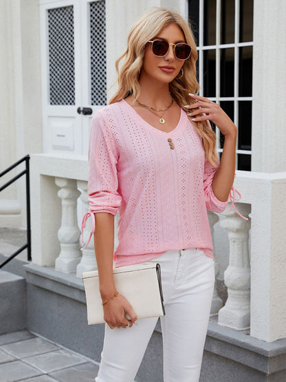 V-Neck Three Quarter Sleeve Button Top Viscose Women's Loose Blouse