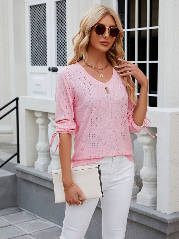 V-Neck Three Quarter Sleeve Button Top Viscose Women's Loose Blouse