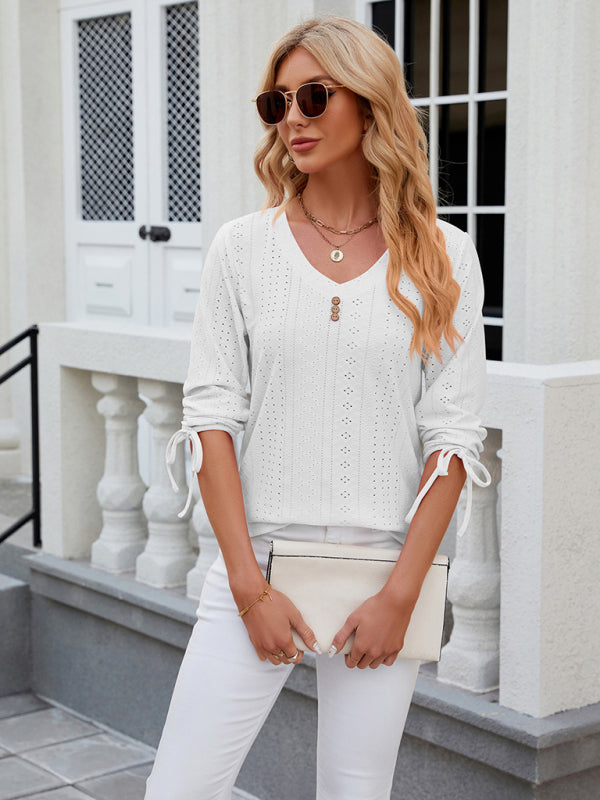 V-Neck Three Quarter Sleeve Button Top Viscose Women's Loose Blouse