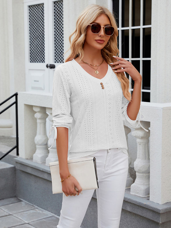 V-Neck Three Quarter Sleeve Button Top Viscose Women's Loose Blouse