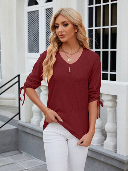 V-Neck Three Quarter Sleeve Button Top Viscose Women's Loose Blouse