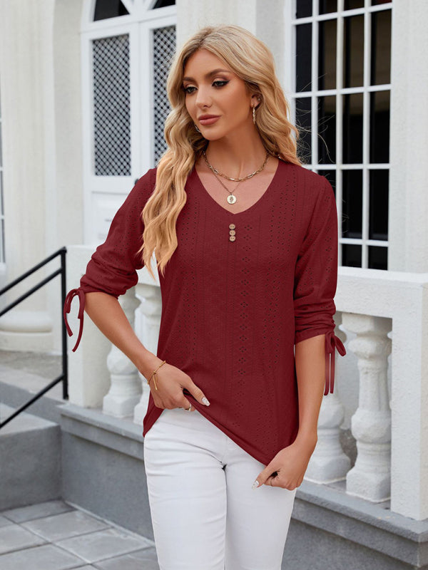 V-Neck Three Quarter Sleeve Button Top Viscose Women's Loose Blouse