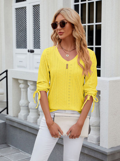 V-Neck Three Quarter Sleeve Button Top Viscose Women's Loose Blouse