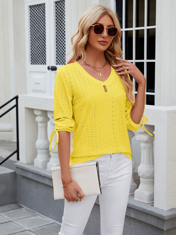 V-Neck Three Quarter Sleeve Button Top Viscose Women's Loose Blouse