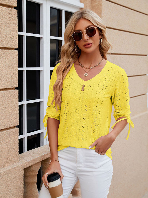 V-Neck Three Quarter Sleeve Button Top Viscose Women's Loose Blouse Yellow