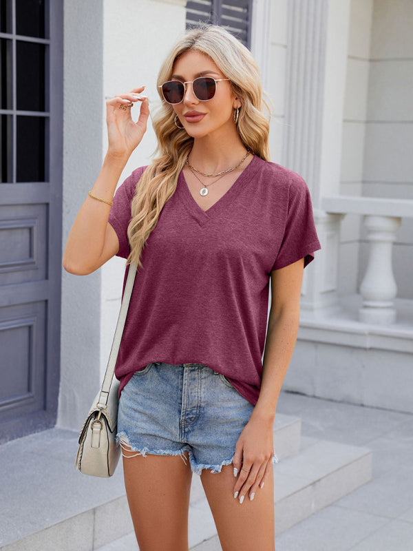 Women's V-neck solid color casual short-sleeved T-shirt top Wine Red