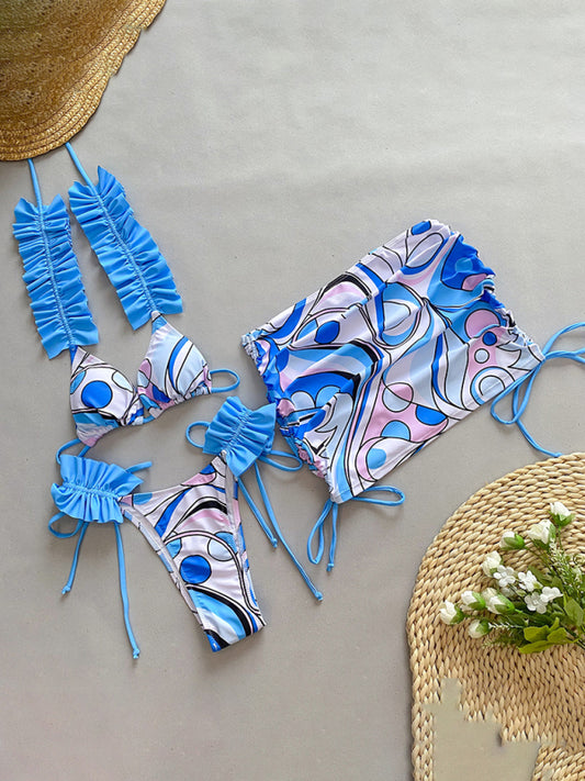 Women's new three-piece bikini ruffled edge split swimsuit Blue