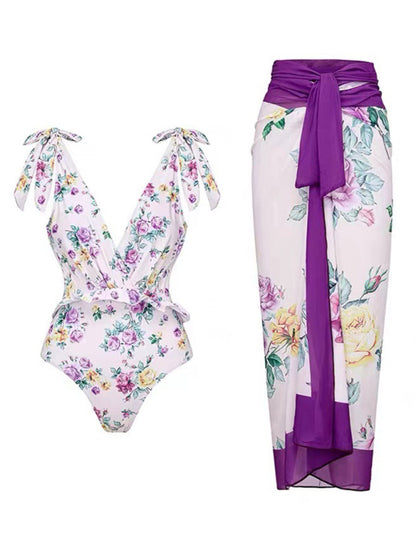 Floral Print One-Piece Swimsuit Beachwear Pattern6