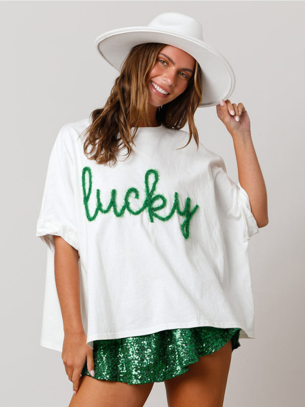Women's St. Patrick's sequin top loose T-shirt White