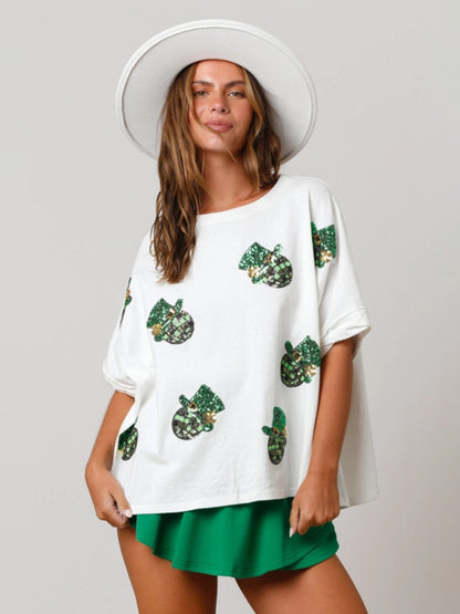 Women's St. Patrick's Hat Sequin Top Loose T-Shirt White