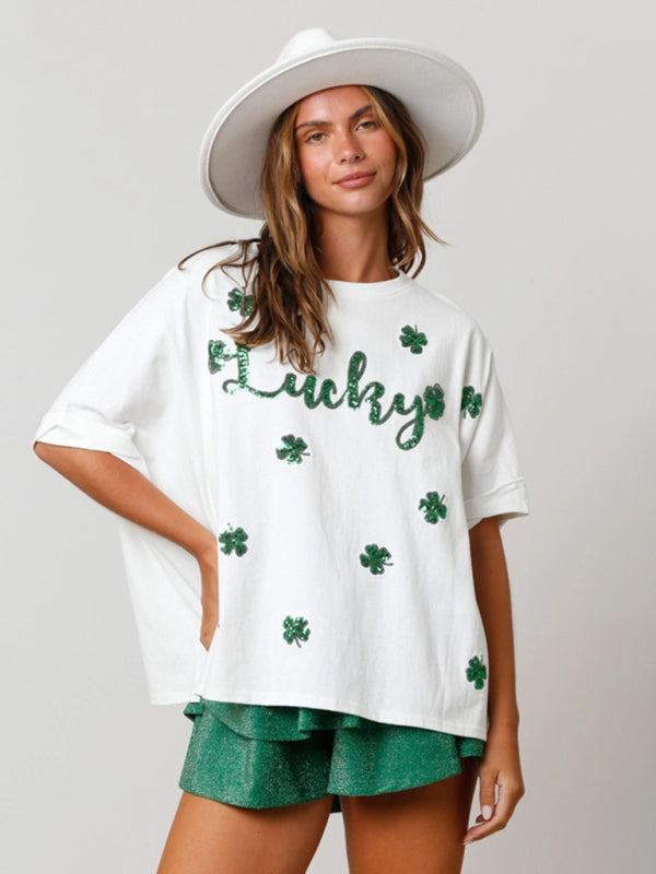 Women's St. Patrick's lucky four-leaf clover sequined top loose T-shirt White