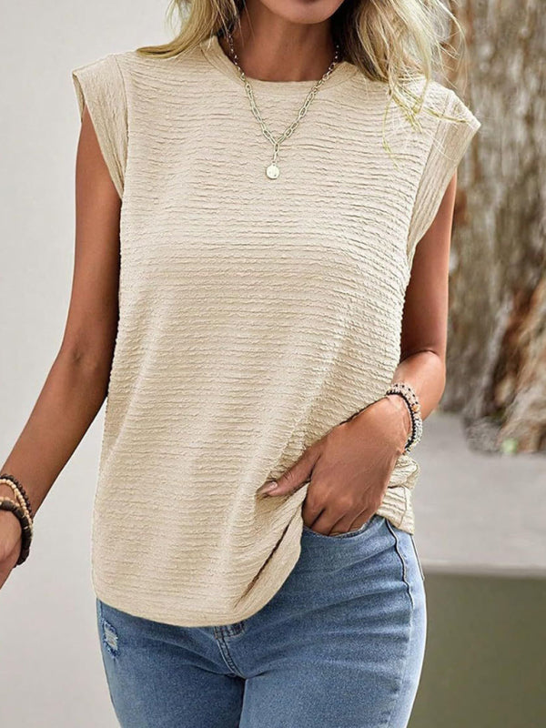 Women's Pleated Round Neck Short Sleeve T-Shirt - Fashion Casual Top Cracker khaki