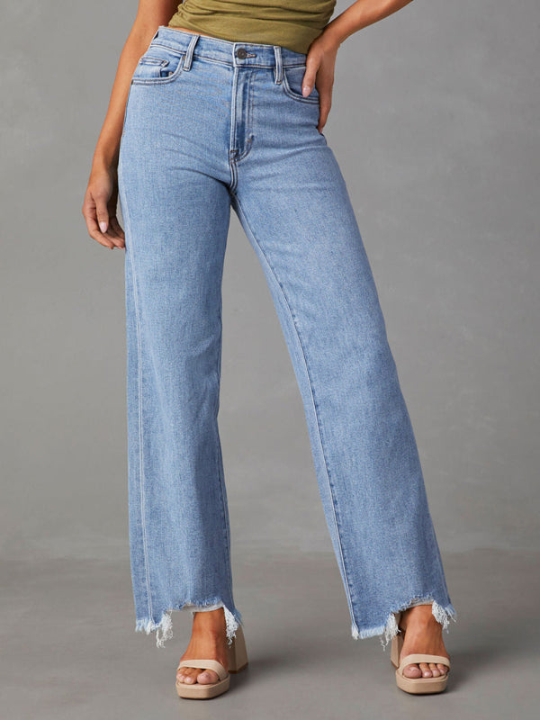 Ladies Loose Casual Fashion Simple Tassel Straight Jeans Clear blue