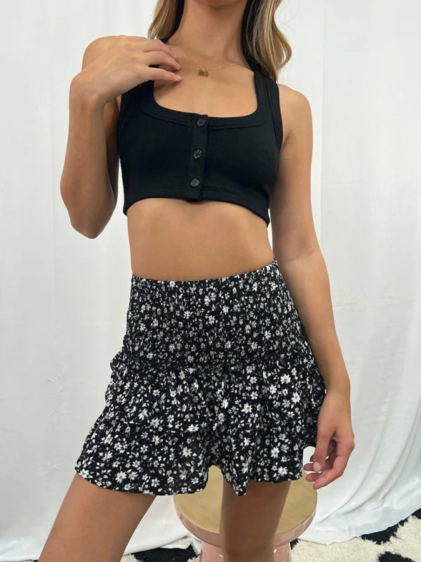 Floral Pleated Skirt Women Half Length Ruffled Fashion Midi Skirt Dark Gray