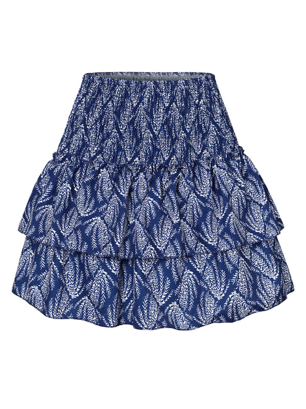 Floral Pleated Skirt Women Half Length Ruffled Fashion Midi Skirt