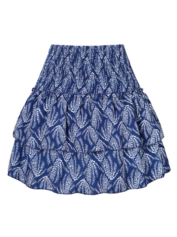 Floral Pleated Skirt Women Half Length Ruffled Fashion Midi Skirt
