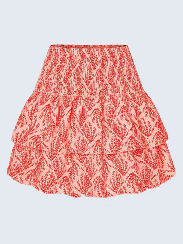Floral Pleated Skirt Women Half Length Ruffled Fashion Midi Skirt