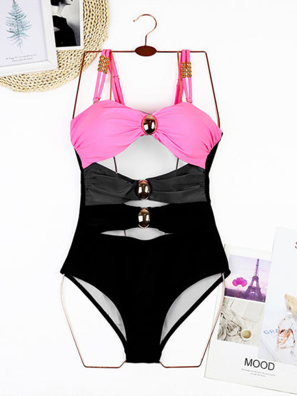 Modern swimsuit color matching sexy hollow seaside resort swimsuit/wrap skirt Hot pink