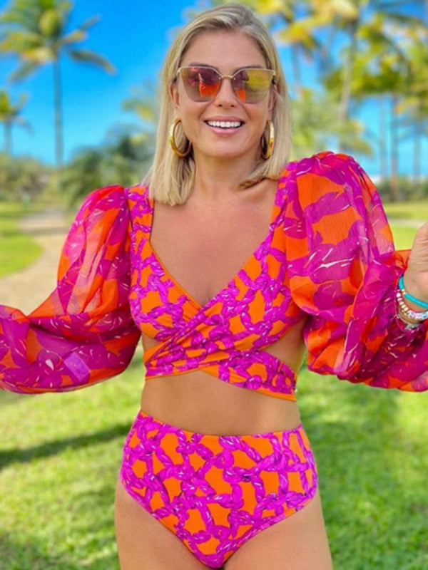 Modern Fashion Sexy Printed Vacation Long Sleeve Bikini Set Pinkpurple
