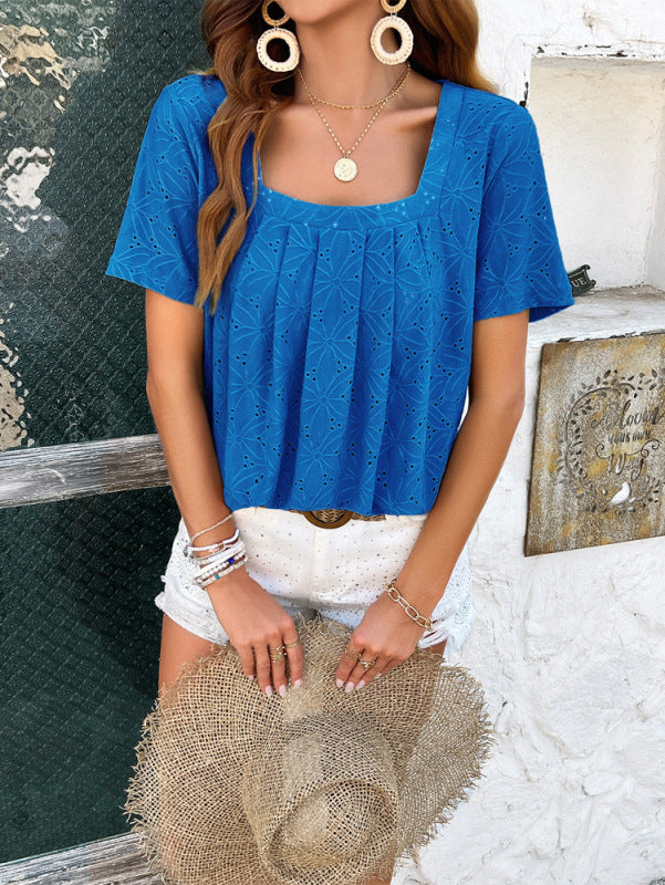 Spring and summer casual solid color short-sleeved T-shirt tops Blue