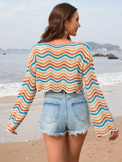 Modern patchwork round neck striped bikini beach cover-up