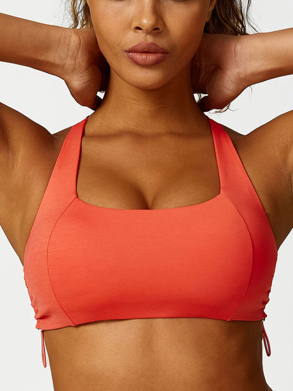 Women's Drawstring Sports Bra - Breathable Nylon Yoga Top Orange Red
