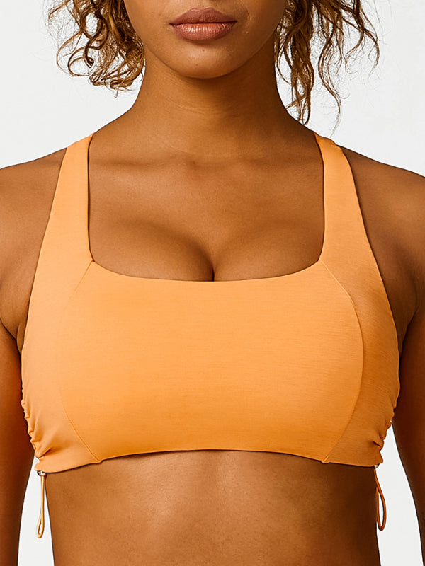 Women's Drawstring Sports Bra - Breathable Nylon Yoga Top Orange