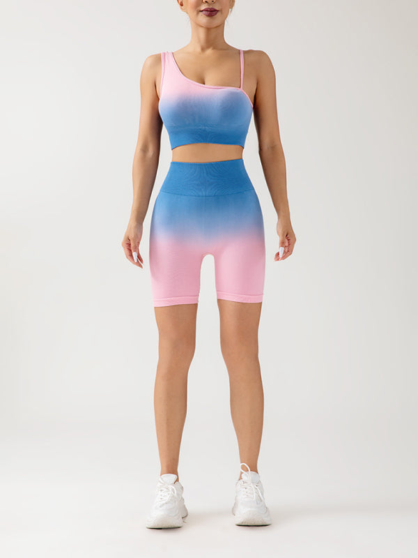 Women's Gradient Athletic Set - Seamless Capri Leggings & Sports Bra Blue