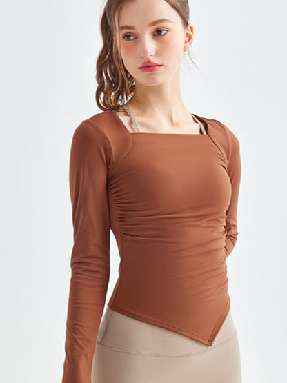 Women's Square Collar Irregular Hem Long Sleeve Quick-Dry Sports Top
