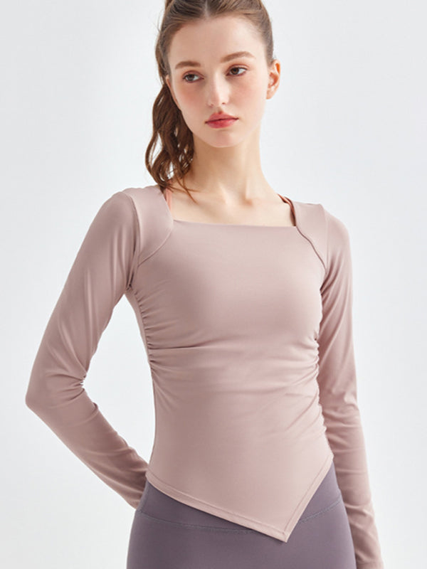 Women's Square Collar Irregular Hem Long Sleeve Quick-Dry Sports Top