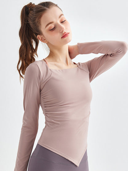 Women's Square Collar Irregular Hem Long Sleeve Quick-Dry Sports Top
