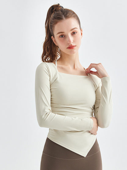 Women's Square Collar Irregular Hem Long Sleeve Quick-Dry Sports Top