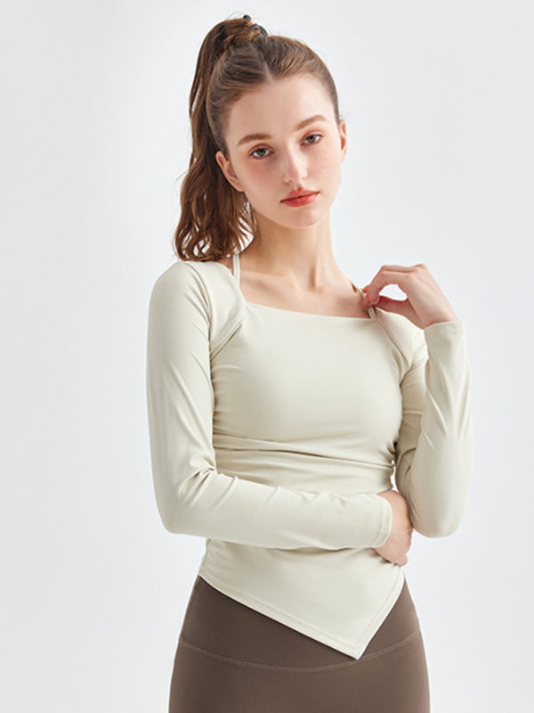 Women's Square Collar Irregular Hem Long Sleeve Quick-Dry Sports Top