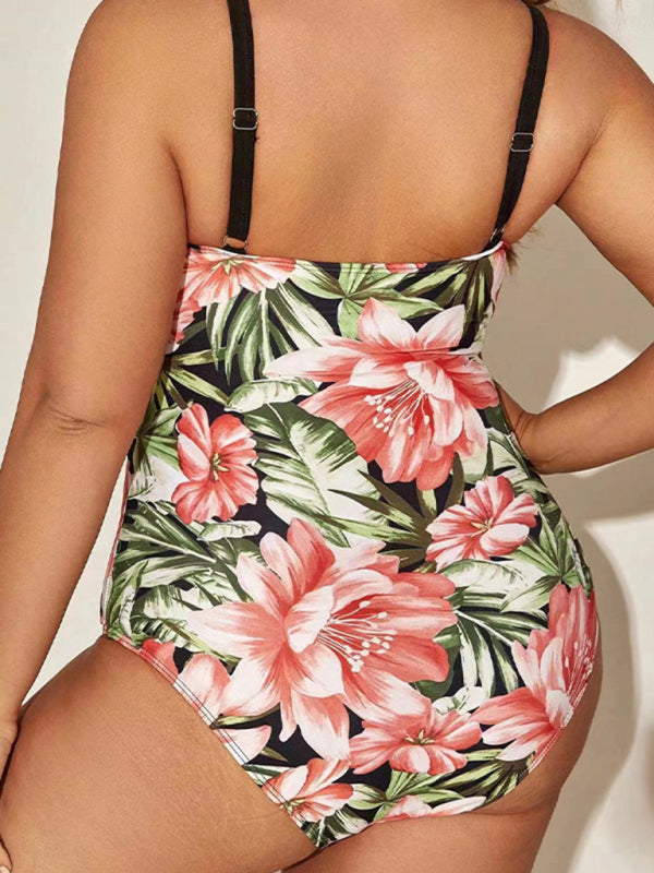 Plus Size One Piece Swimsuit Women Printed Strappy Hip Covering Bathing Suit
