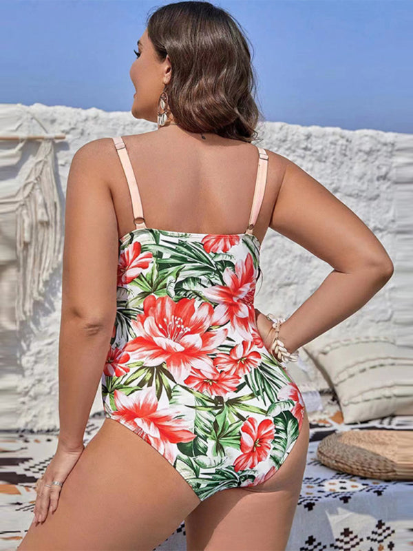 Plus Size One Piece Swimsuit Women Printed Strappy Hip Covering Bathing Suit