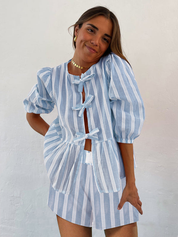 Modern striped lace mid-sleeve loose patchwork shirt Blue