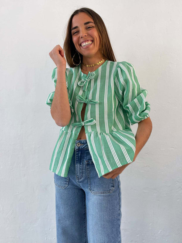 Modern striped lace mid-sleeve loose patchwork shirt