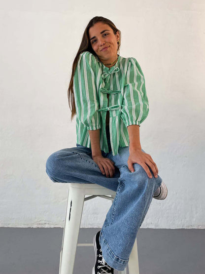 Modern striped lace mid-sleeve loose patchwork shirt