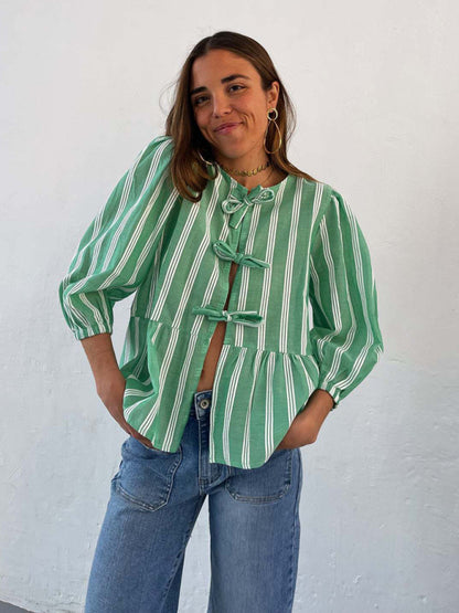 Modern striped lace mid-sleeve loose patchwork shirt