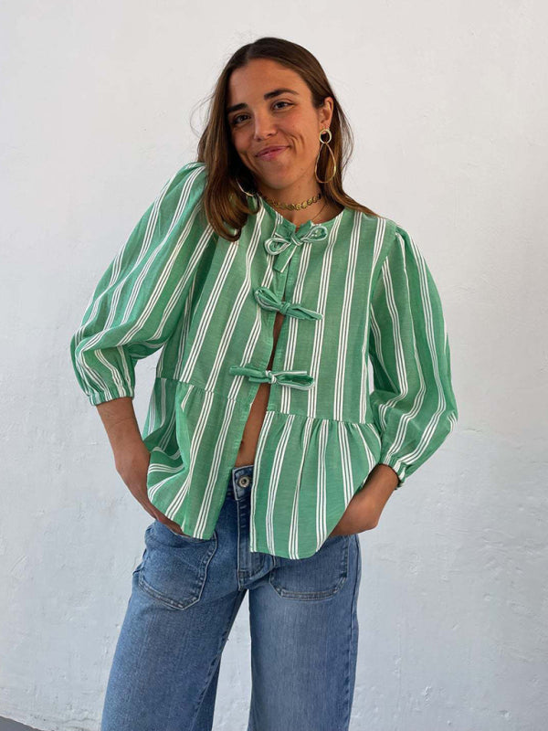 Modern striped lace mid-sleeve loose patchwork shirt