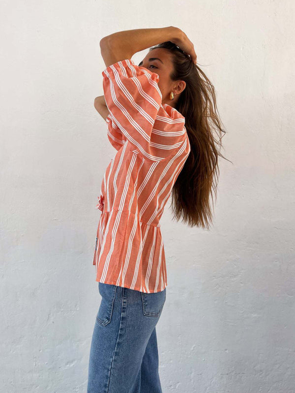 Modern striped lace mid-sleeve loose patchwork shirt