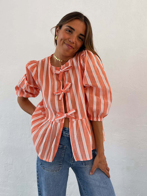 Modern striped lace mid-sleeve loose patchwork shirt Orange