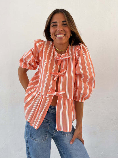 Modern striped lace mid-sleeve loose patchwork shirt