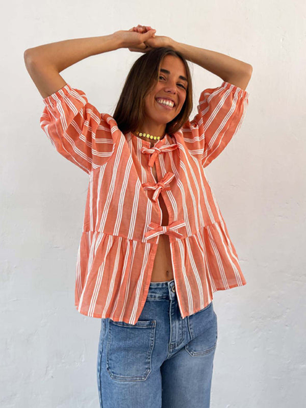 Modern striped lace mid-sleeve loose patchwork shirt