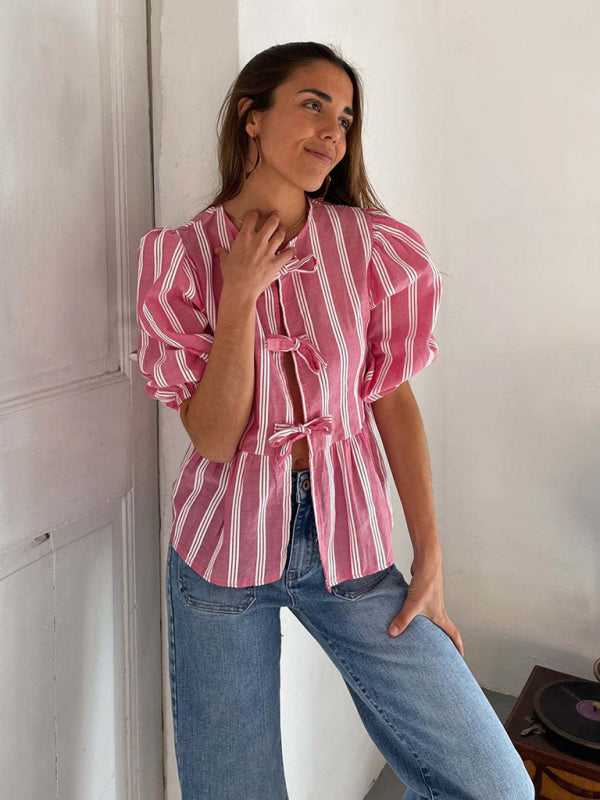 Modern striped lace mid-sleeve loose patchwork shirt