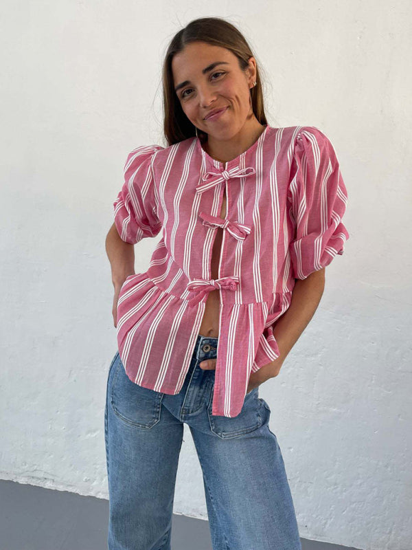 Modern striped lace mid-sleeve loose patchwork shirt