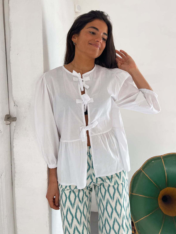 Modern striped lace mid-sleeve loose patchwork shirt