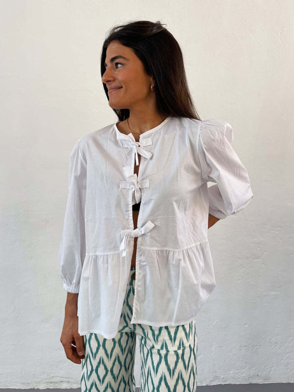 Modern striped lace mid-sleeve loose patchwork shirt