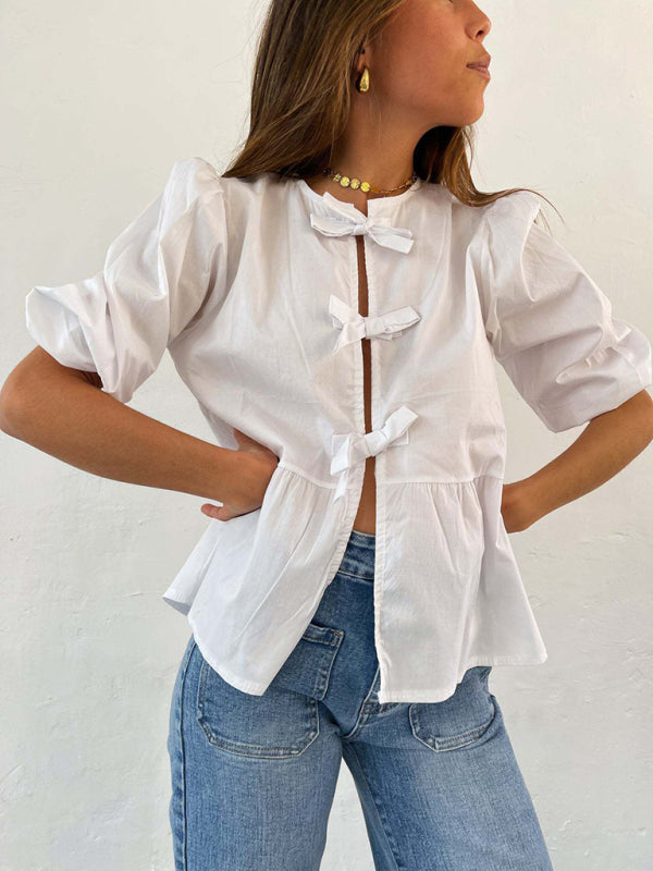 Modern striped lace mid-sleeve loose patchwork shirt White